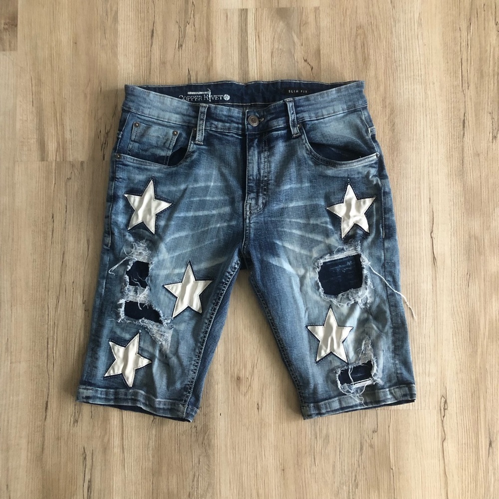 Blue Distressed Star Patch Jean Shorts